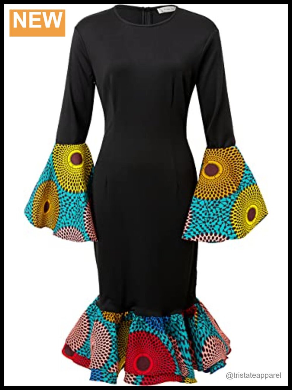 African Ankara Print Long Sleeve Crew Neck Ruffle Dress